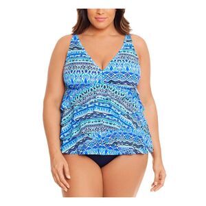 SWIM SOLUTIONS Women's Blue V-Neck Triple-Tiered Front One Piece Swimsuit 24W
